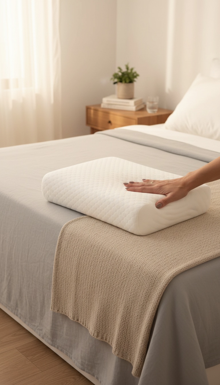 Almofada ergonómica sobre a cama num quarto acolhedor