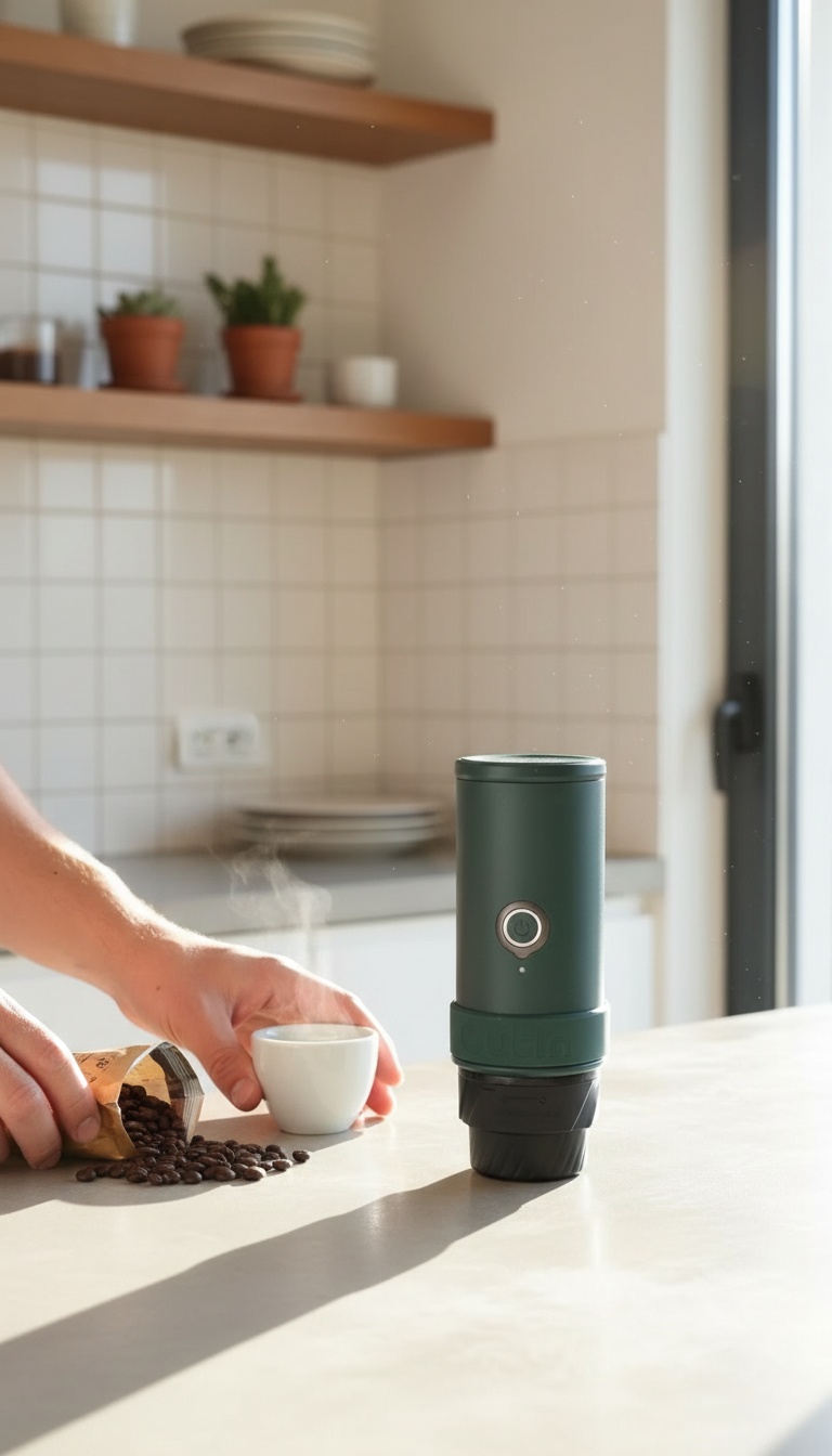 Máquina de café portátil verde num ambiente de cozinha