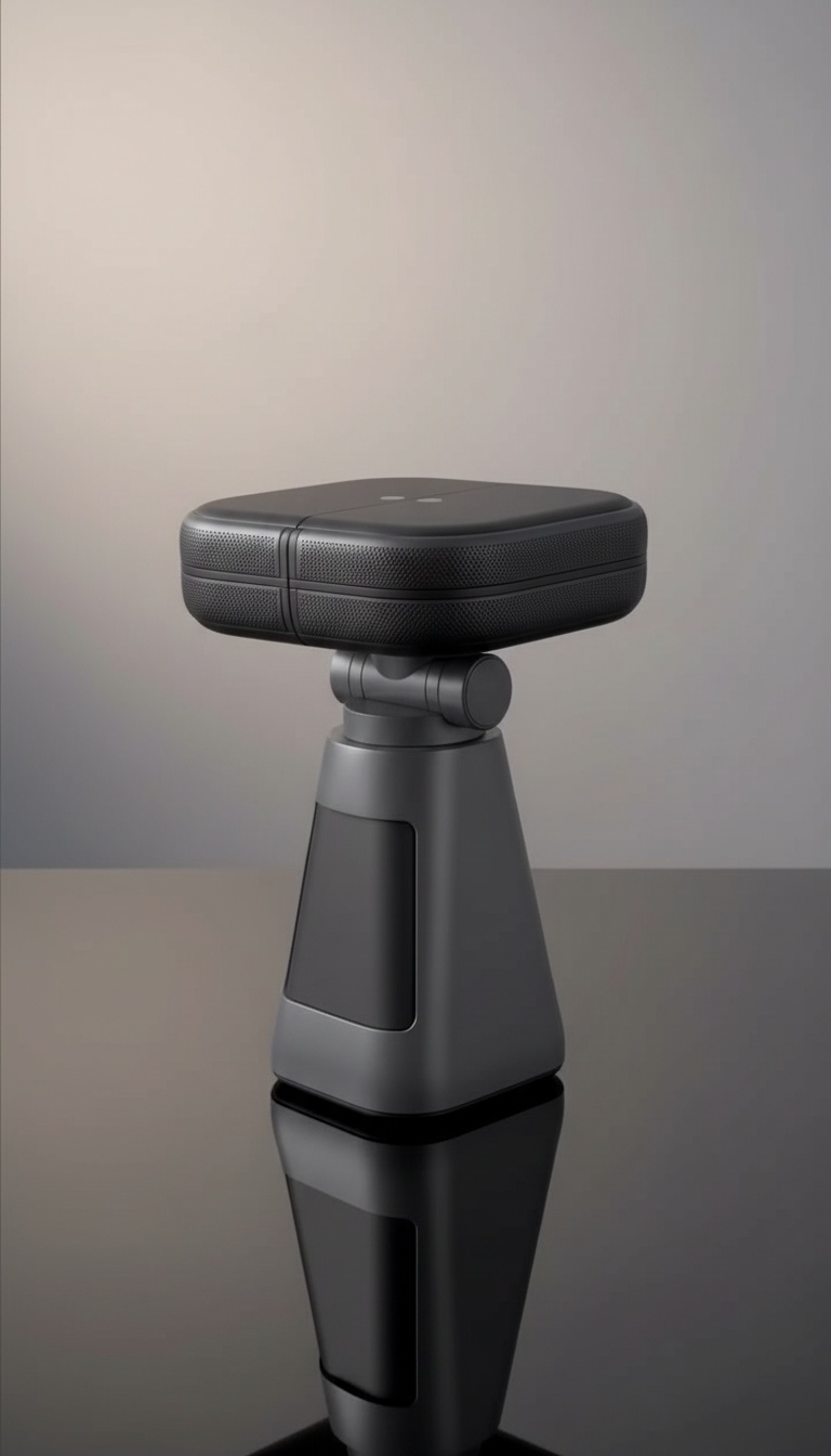 Mini projetor cinza-escuro fotografado com reflexo elegante