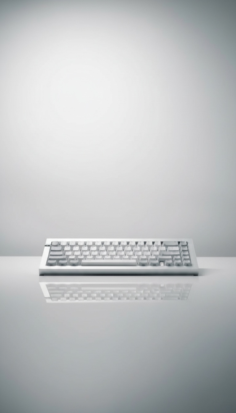 Teclado translúcido com reflexo suave sobre superfície clara