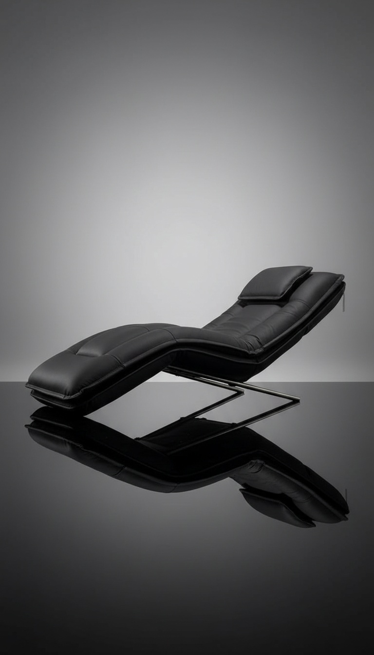 Chaise longue preta com acabamento de pele a refletir a luz