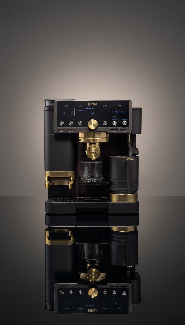 Pormenor do acabamento dourado da máquina de café espresso