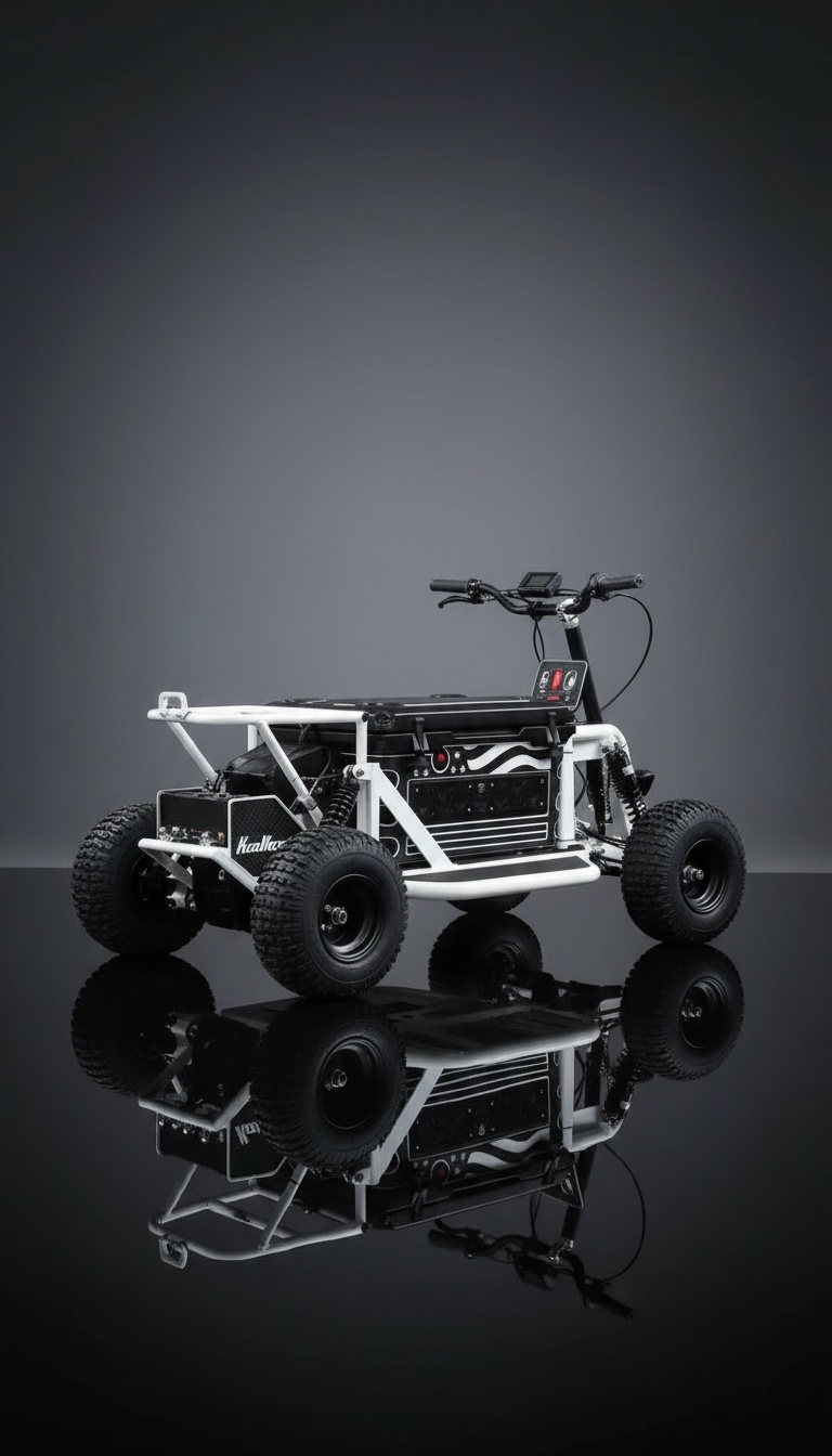 Mini buggy elétrico sobre superfície reflectora com fundo de estúdio premium