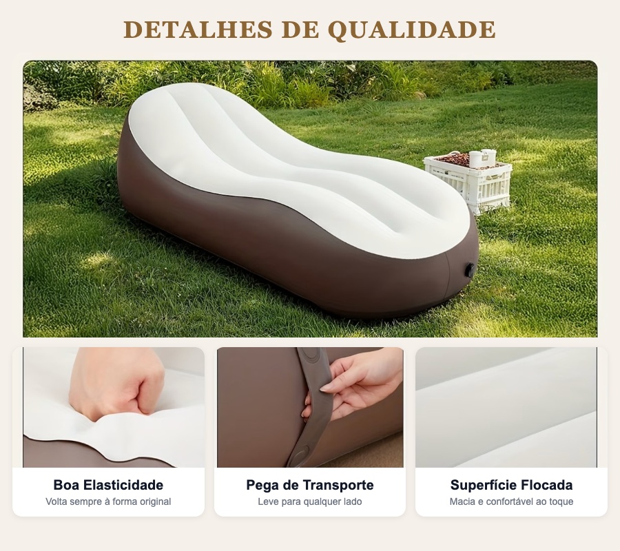 Detalhes de qualidade — boa elasticidade, pega de transporte, superfície flocada