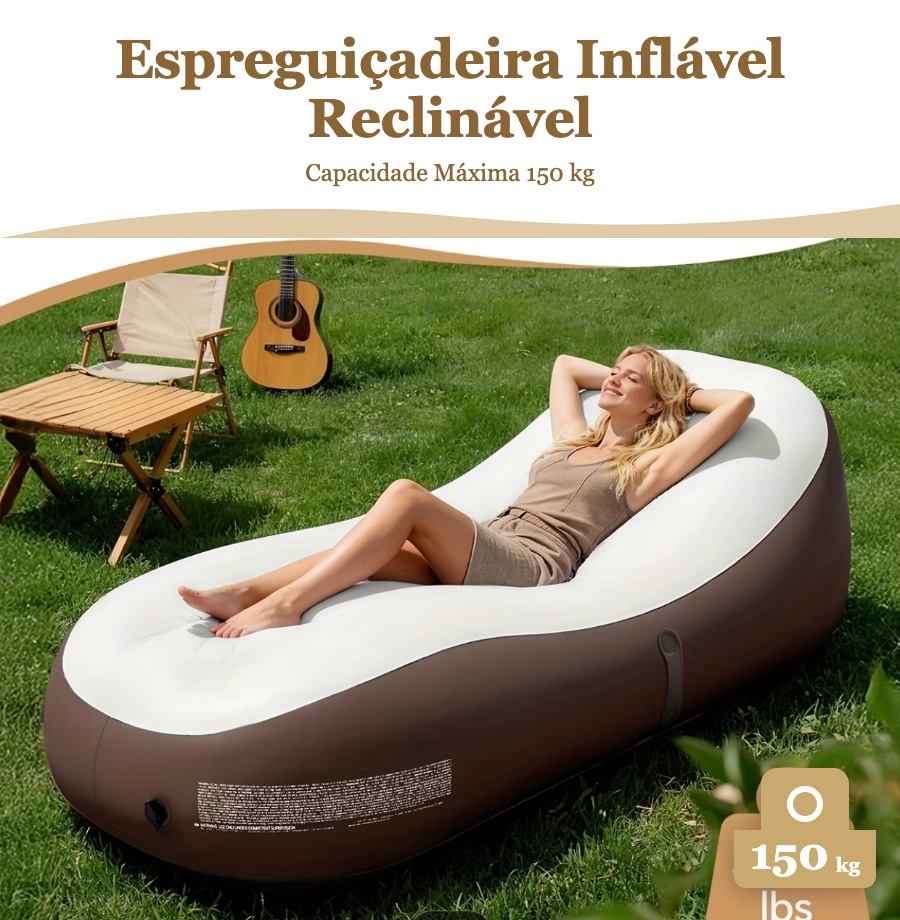 Espreguiçadeira inflável reclinável — mulher a relaxar ao ar livre