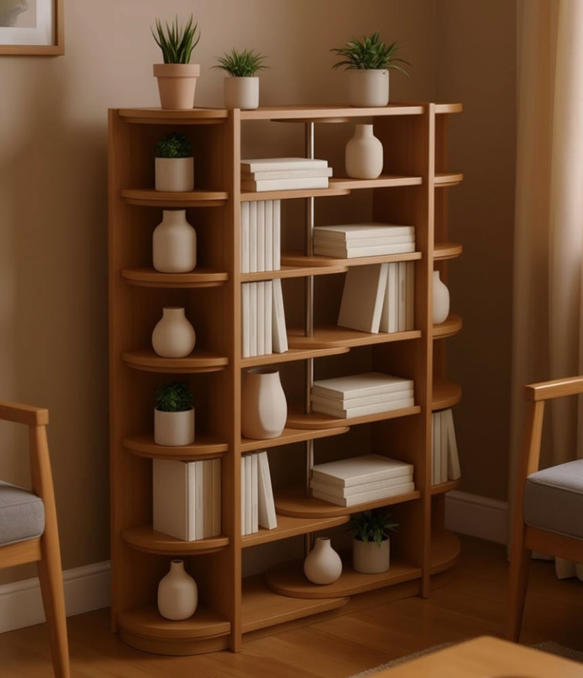 Estante de canto com livros e plantas decorativas